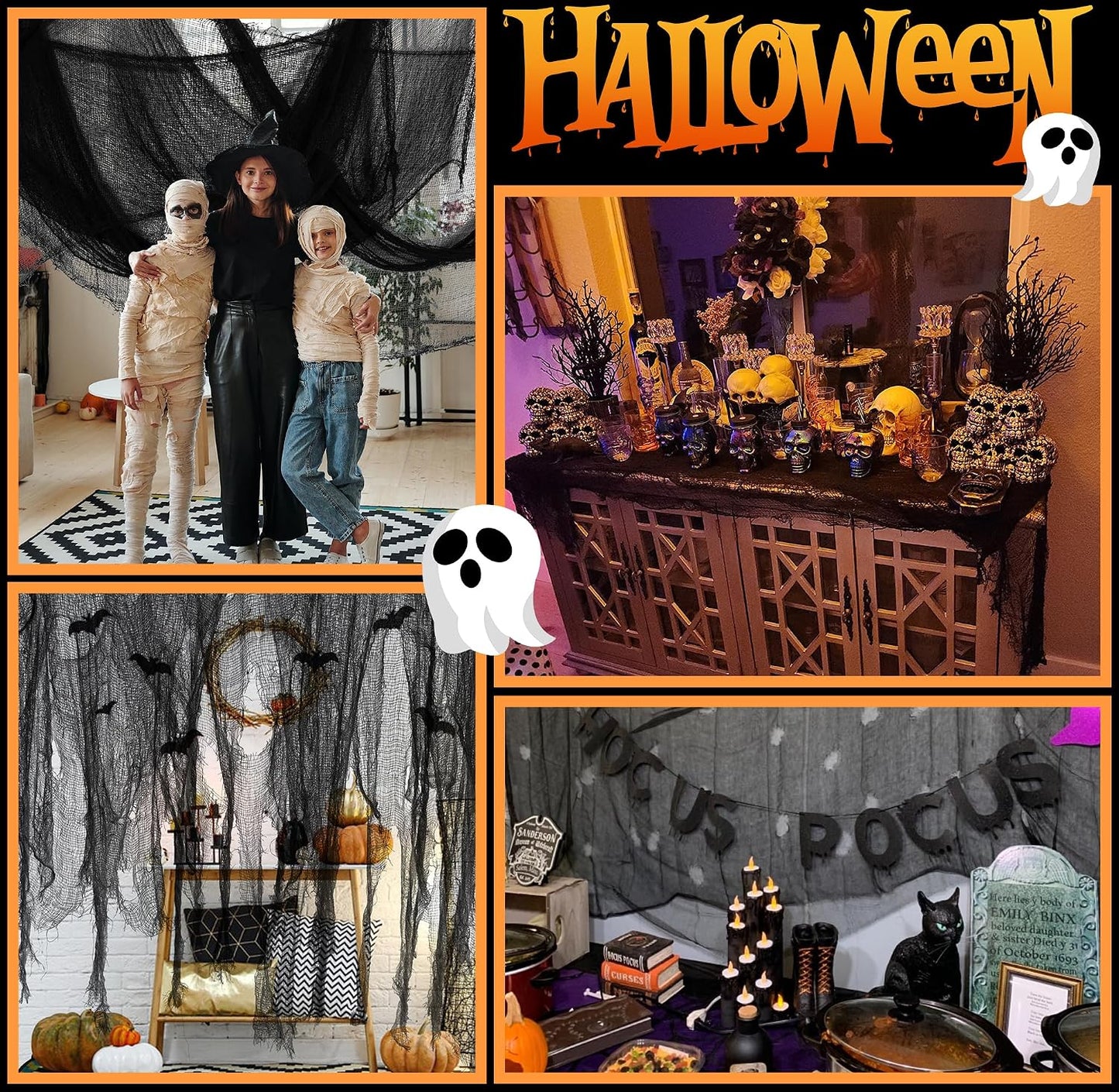 Large Size 400" X 59" Halloween Creepy Cloth - Black Creepy Spooky Halloween Decorations - Large Size Scary Creepy Gauze for Halloweens Party Supplies Stairway Window Table Doorways Decor