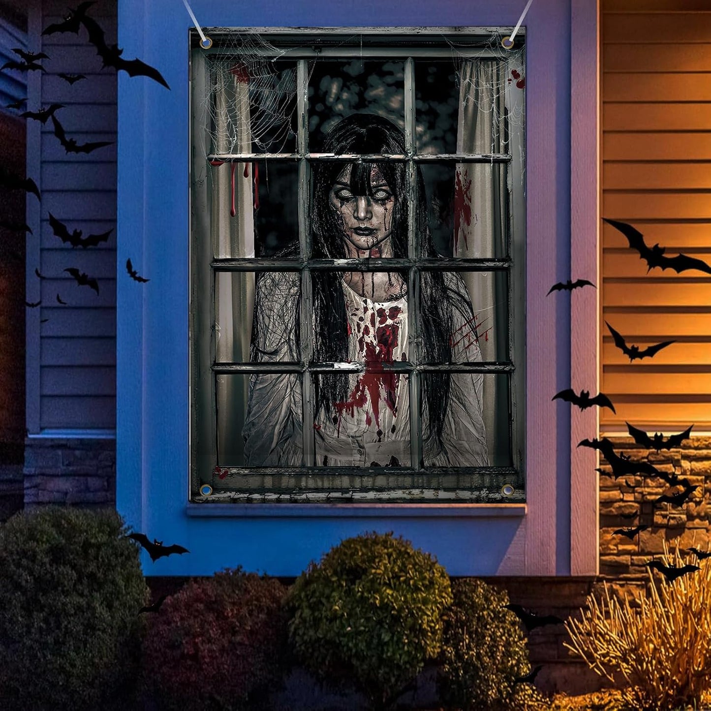 Halloween Ghost Curtains Decorations, Halloween Window Silhouettes Scary Screen- Little Girl Window Cover Decor for Indoor Wall Outdoor Party Decorations