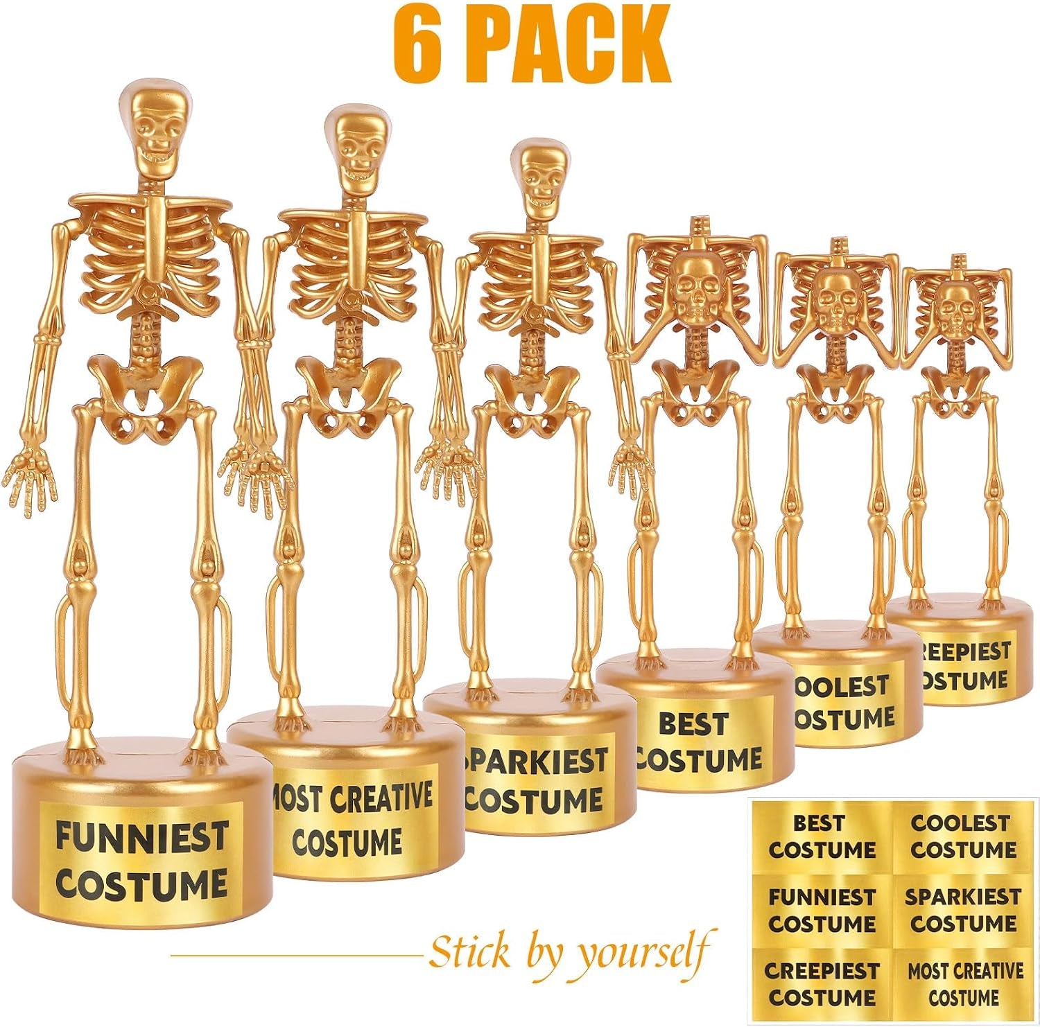 6 Pack Halloween Best Costume Skeleton Trophy, Halloween Skull Party Prizes Gold Bones Game Awards Costume Contest Event Trophy for Kids Goodie Bag Fillers School Classroom Rewards Treats