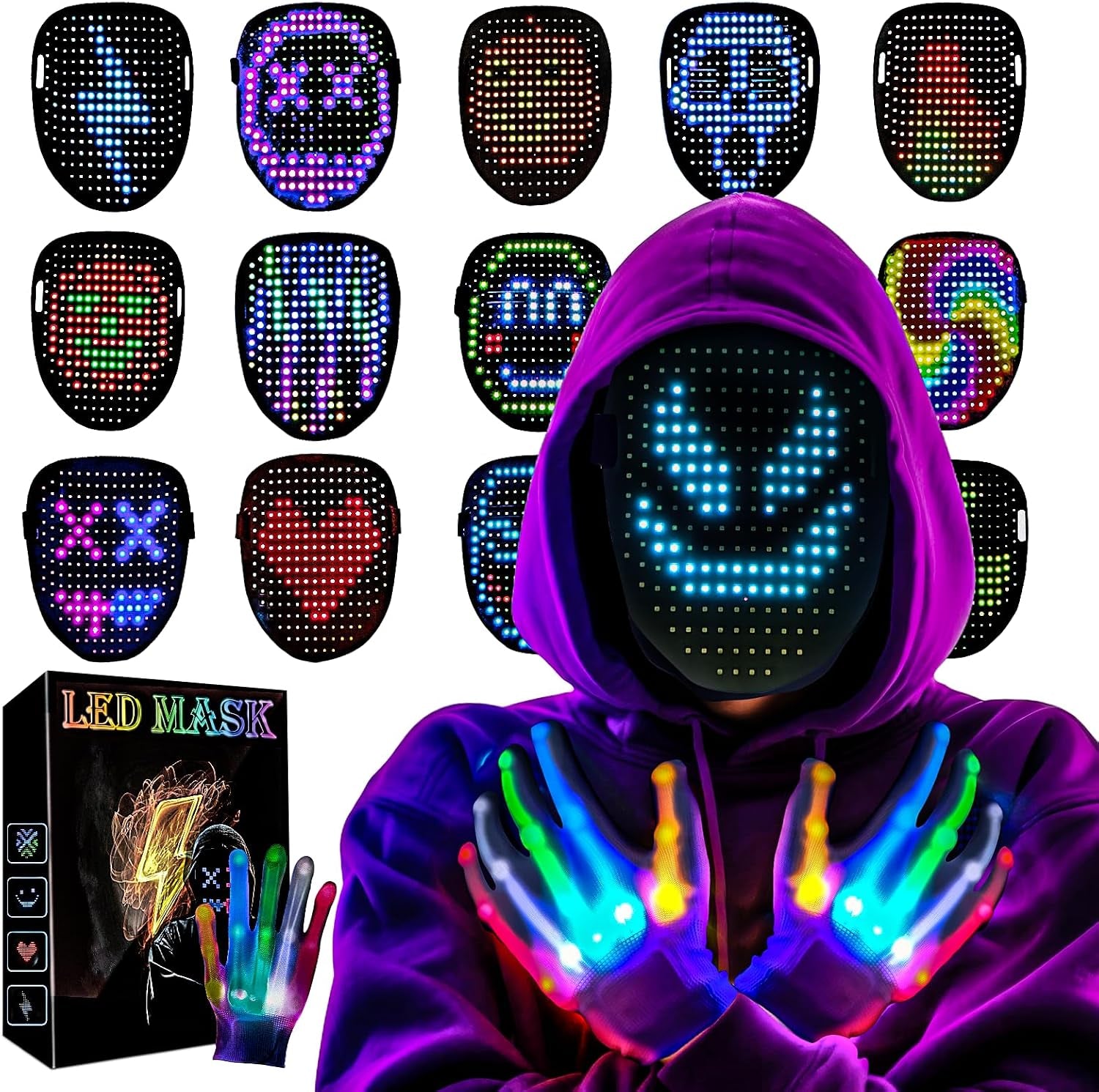 Led-Mask Gloves Cool Stuff Glow Toys for Kids Adult Boys 2026 | Gesture Sensing Rechargeable Light up Costume Cos Glow in Dark, Xmas Gifts for Boys Teen Age 8 9 10+