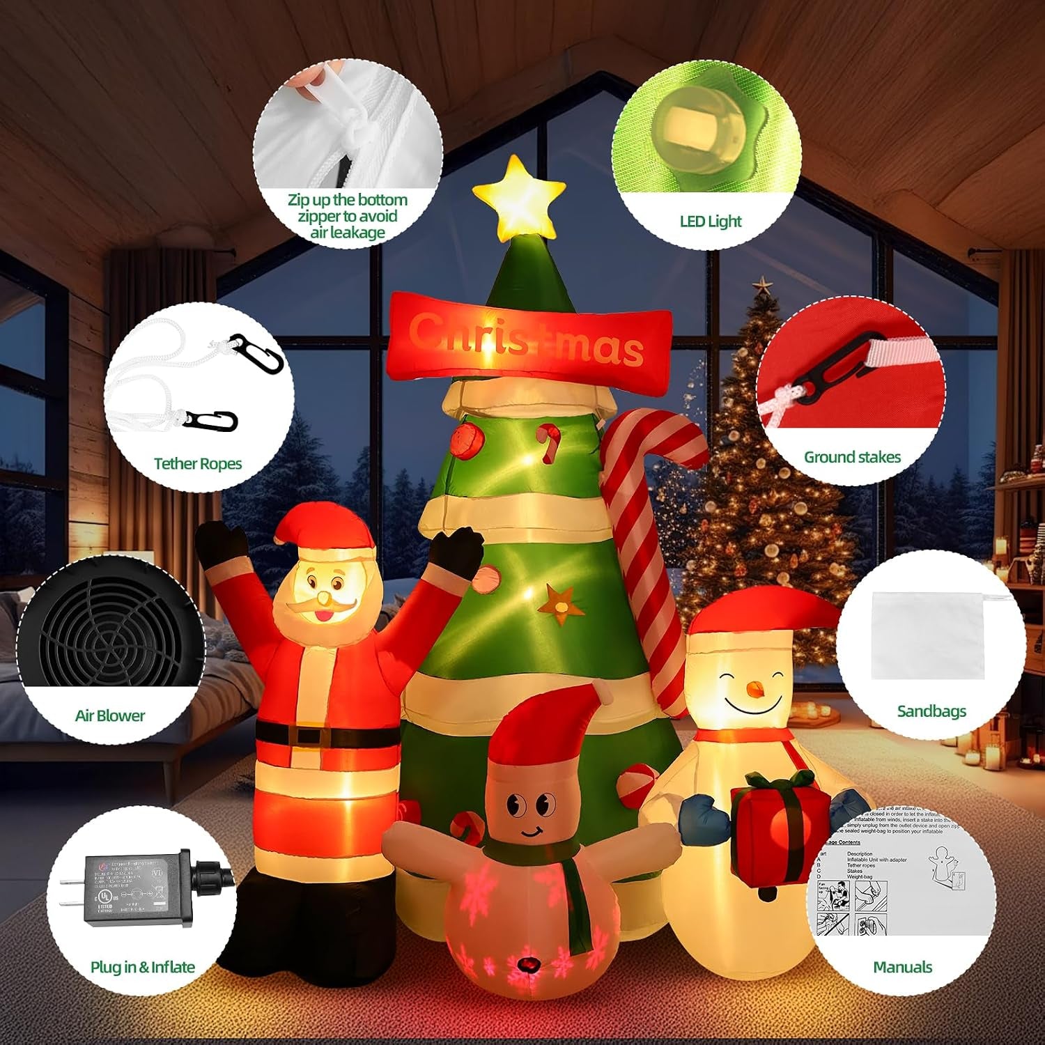 9Ft Christmas Inflatables Tree Decorations with Santa Snowman | Built-In LED Lights Blow up Christmas Tree Outdoor Decoration for Christmas Party Holiday Outdoor Garden Lawn Yard Decor