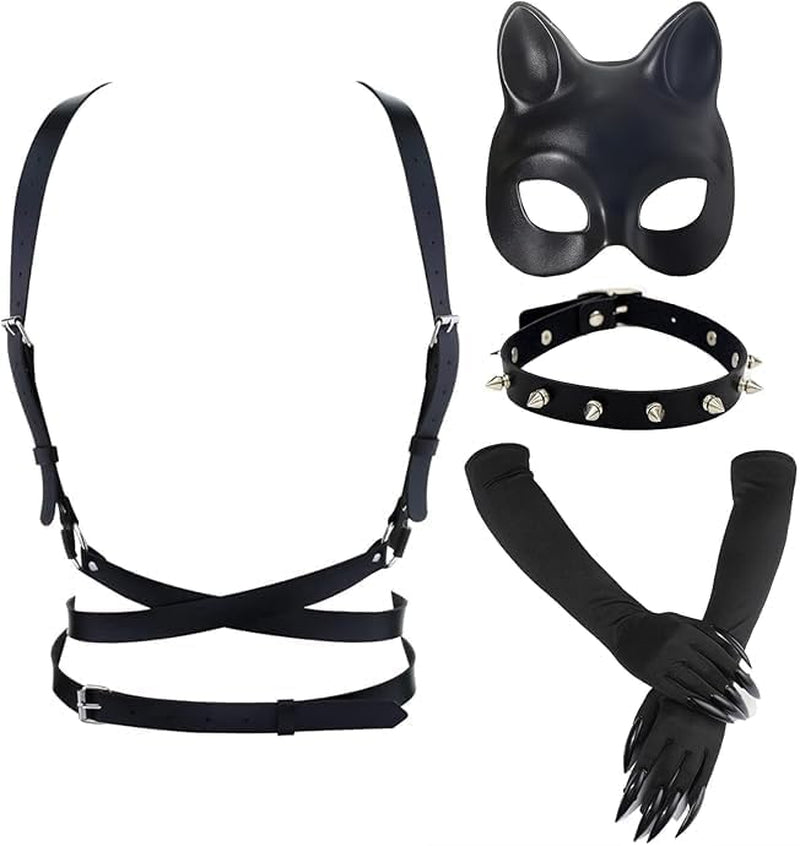 Cat Woman Costume Accessories for Women - Halloween Mask, Punk Gloves, Choker Outfit Set for Adult Cosplay Party