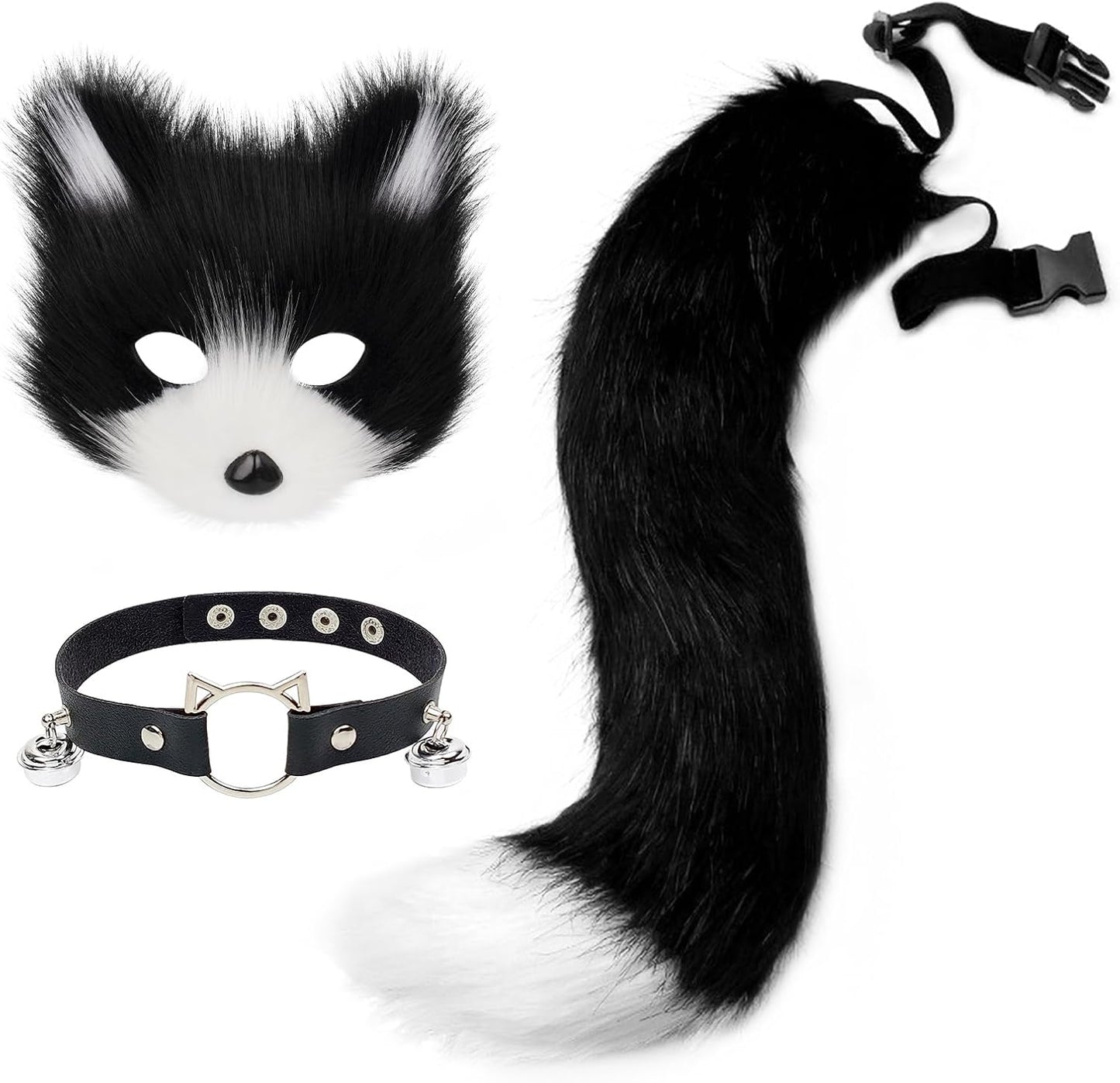 Get Ready for Halloween with Our Fluffy Faux Fur Fox Mask, Wolf Cat Tail, and Chic Leather Necklace Set! 🦊🎉✨