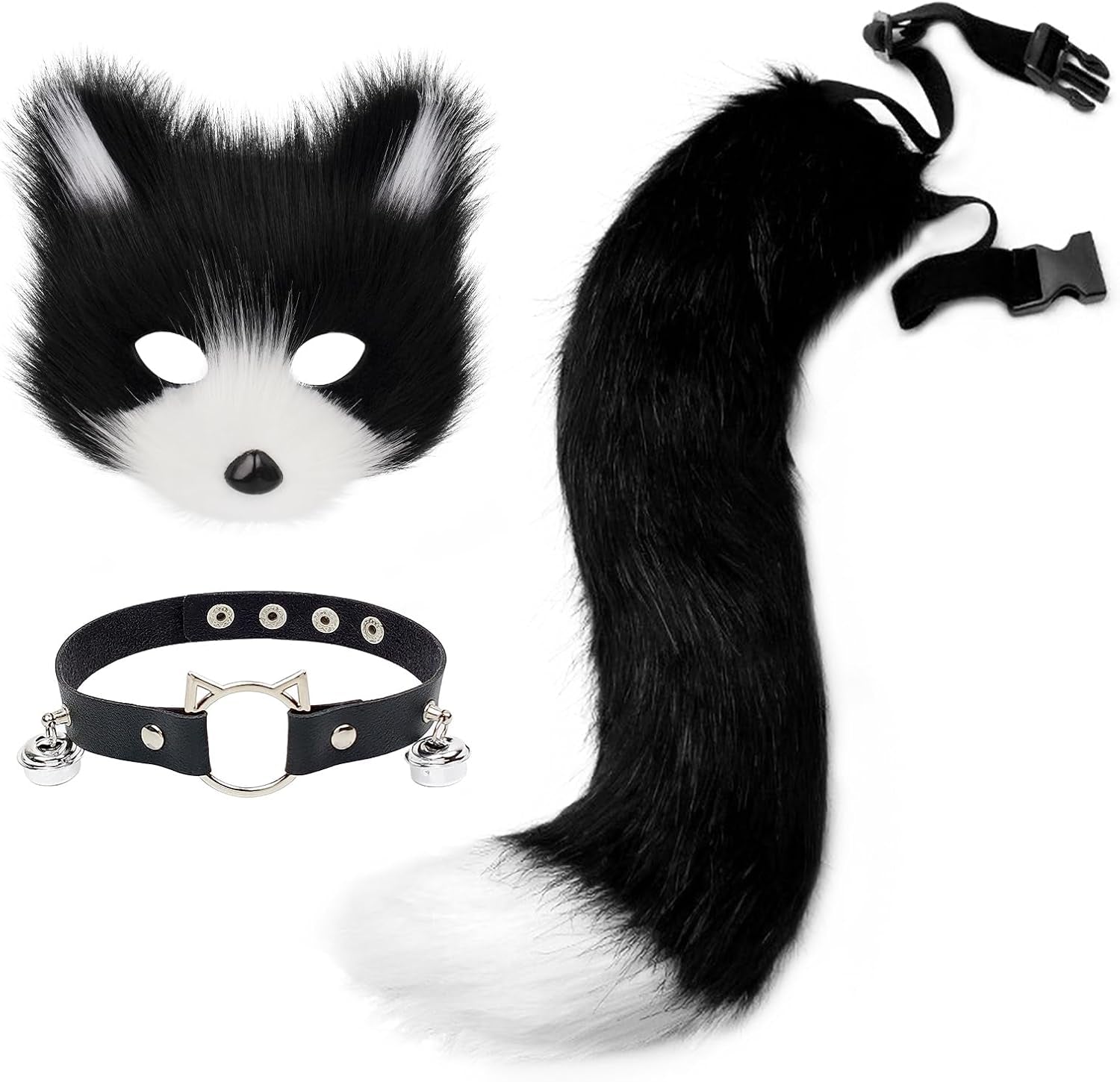 Get Ready for Halloween with Our Fluffy Faux Fur Fox Mask, Wolf Cat Tail, and Chic Leather Necklace Set! 🦊🎉✨
