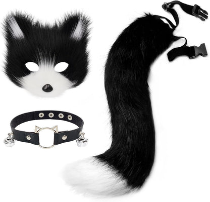 Get Ready for Halloween with Our Fluffy Faux Fur Fox Mask, Wolf Cat Tail, and Chic Leather Necklace Set! 🦊🎉✨