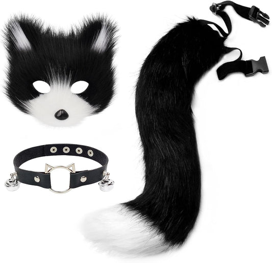Get Ready for Halloween with Our Fluffy Faux Fur Fox Mask, Wolf Cat Tail, and Chic Leather Necklace Set! 🦊🎉✨