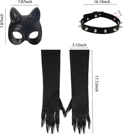 Cat Woman Costume Accessories for Women - Halloween Mask, Punk Gloves, Choker Outfit Set for Adult Cosplay Party
