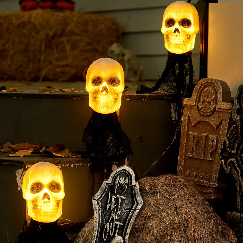 3 Pack Halloween Light up Skeleton Decorations Outdoor,Halloween Graveyard Spooky Skull Stakes Pathway Lights for Halloween Props Yard Decor