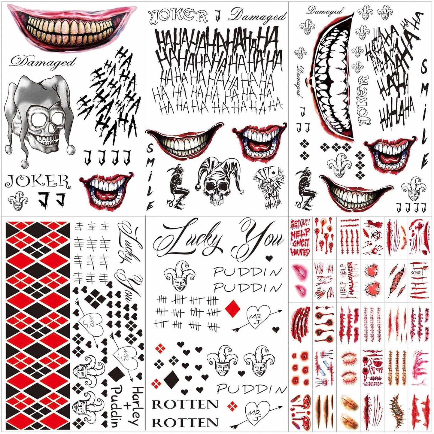 35 Sheets Large-Size Halloween Temporary Joker Tattoos, Halloween Fake Scar Tattoos, Halloween Fake Joker Tattoos Stickers - Perfect for Halloween, Parties, Cosplay and Costumes
