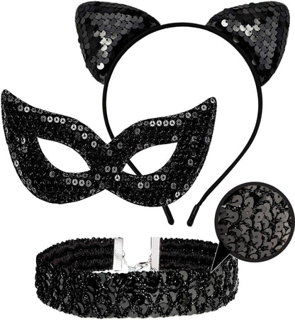 Sparkle in Style: Sequin Cat Woman Mask, Ears & Choker - Purrfect Costume Accessories for Fierce Females! 🐾✨