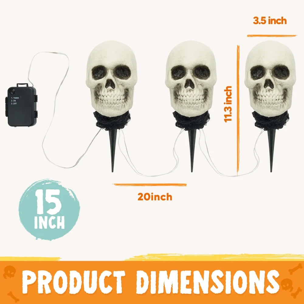 3 Pack Halloween Light up Skeleton Decorations Outdoor,Halloween Graveyard Spooky Skull Stakes Pathway Lights for Halloween Props Yard Decor