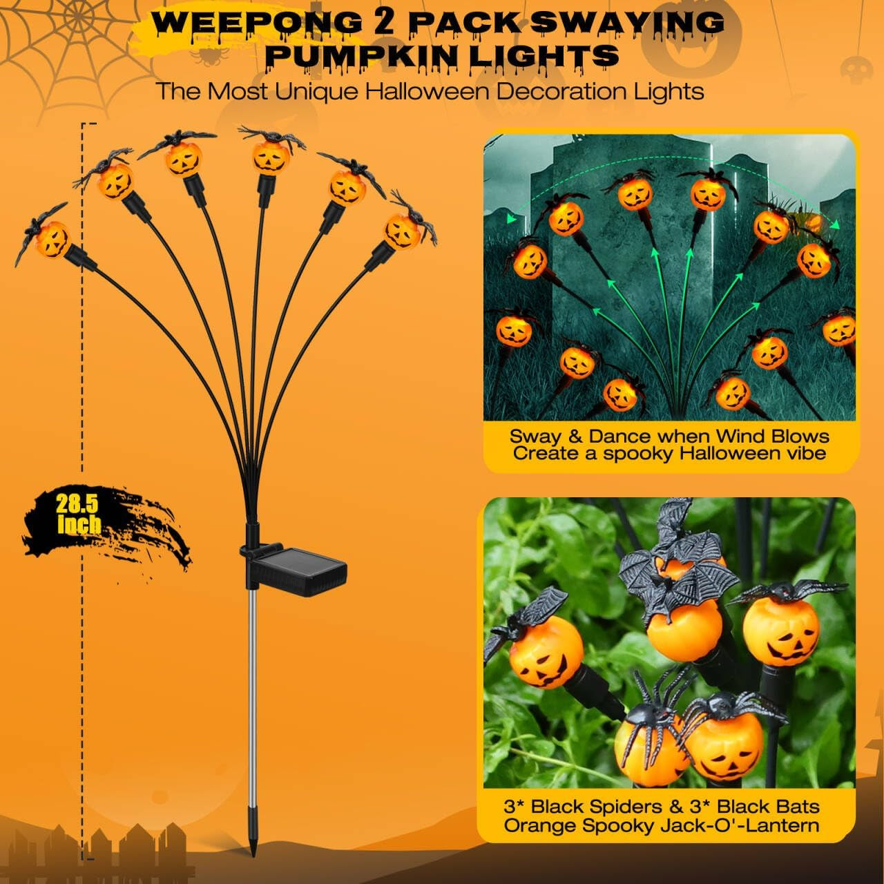 Spookify Your Yard! 🎃✨ Grab Our 2-Pack Solar Pumpkin Lights with Creepy Bats & Spiders for an Unforgettable Halloween Vibe! Perfect for Gardens, Graves, and Ghostly Parties! 👻🕷️