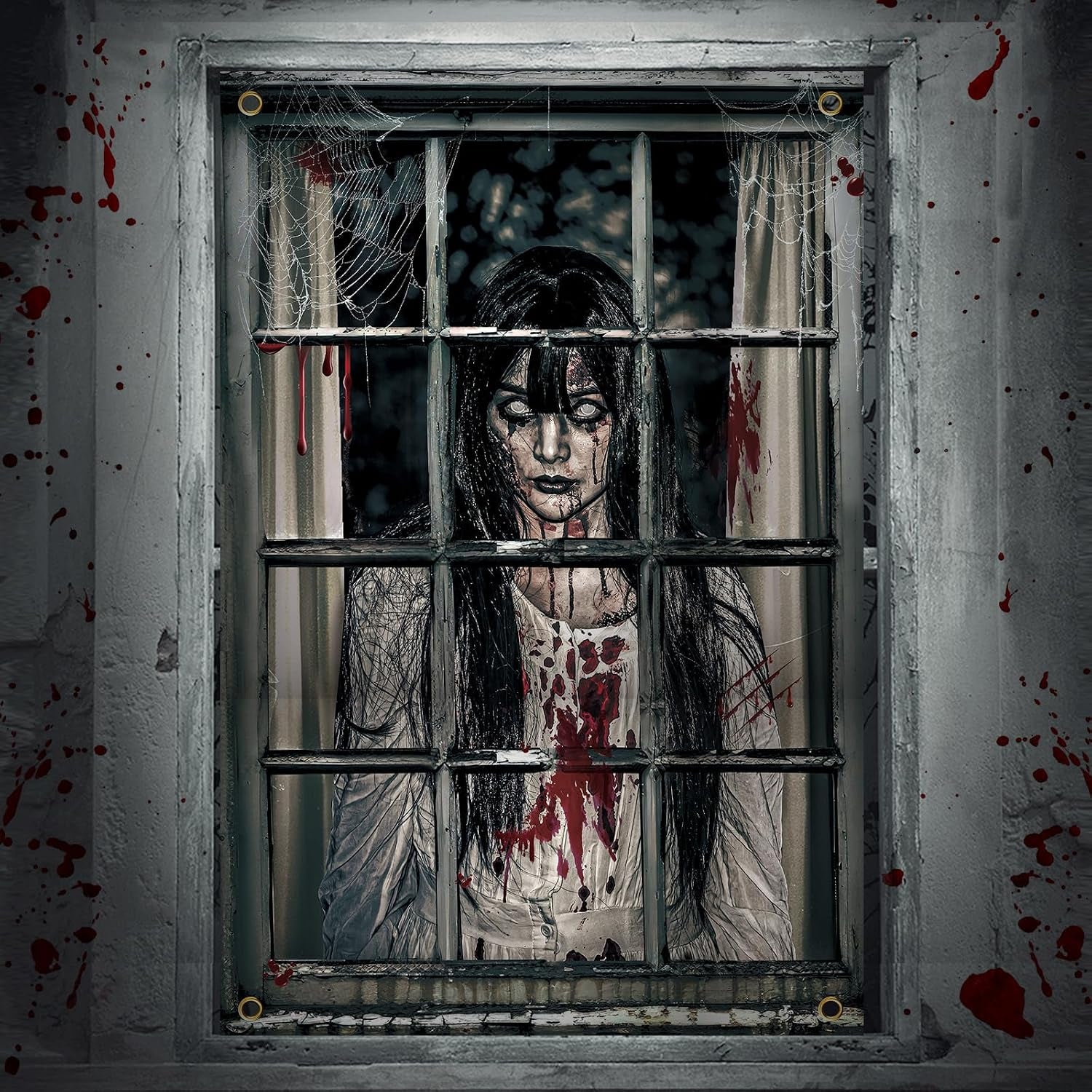 Halloween Ghost Curtains Decorations, Halloween Window Silhouettes Scary Screen- Little Girl Window Cover Decor for Indoor Wall Outdoor Party Decorations