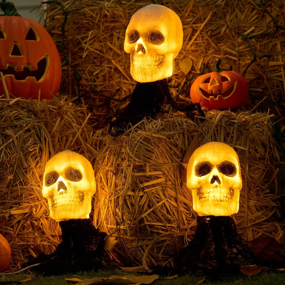 3 Pack Halloween Light up Skeleton Decorations Outdoor,Halloween Graveyard Spooky Skull Stakes Pathway Lights for Halloween Props Yard Decor