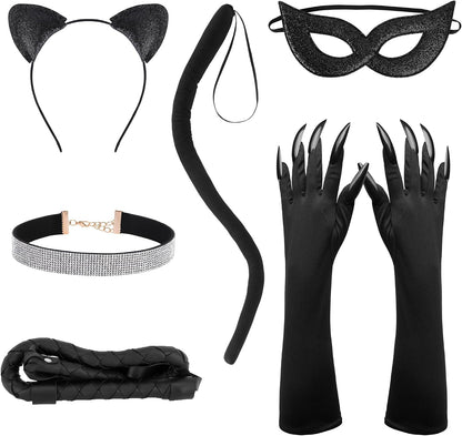 Spooktacular Halloween Cat Woman Costume Set: 4/6 Pcs with Mask, Faux Leather Gloves & Necklace! 🐾🎃✨