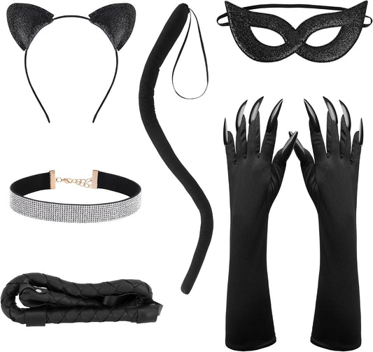 Spooktacular Halloween Cat Woman Costume Set: 4/6 Pcs with Mask, Faux Leather Gloves & Necklace! 🐾🎃✨