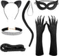 Spooktacular Halloween Cat Woman Costume Set: 4/6 Pcs with Mask, Faux Leather Gloves & Necklace! 🐾🎃✨