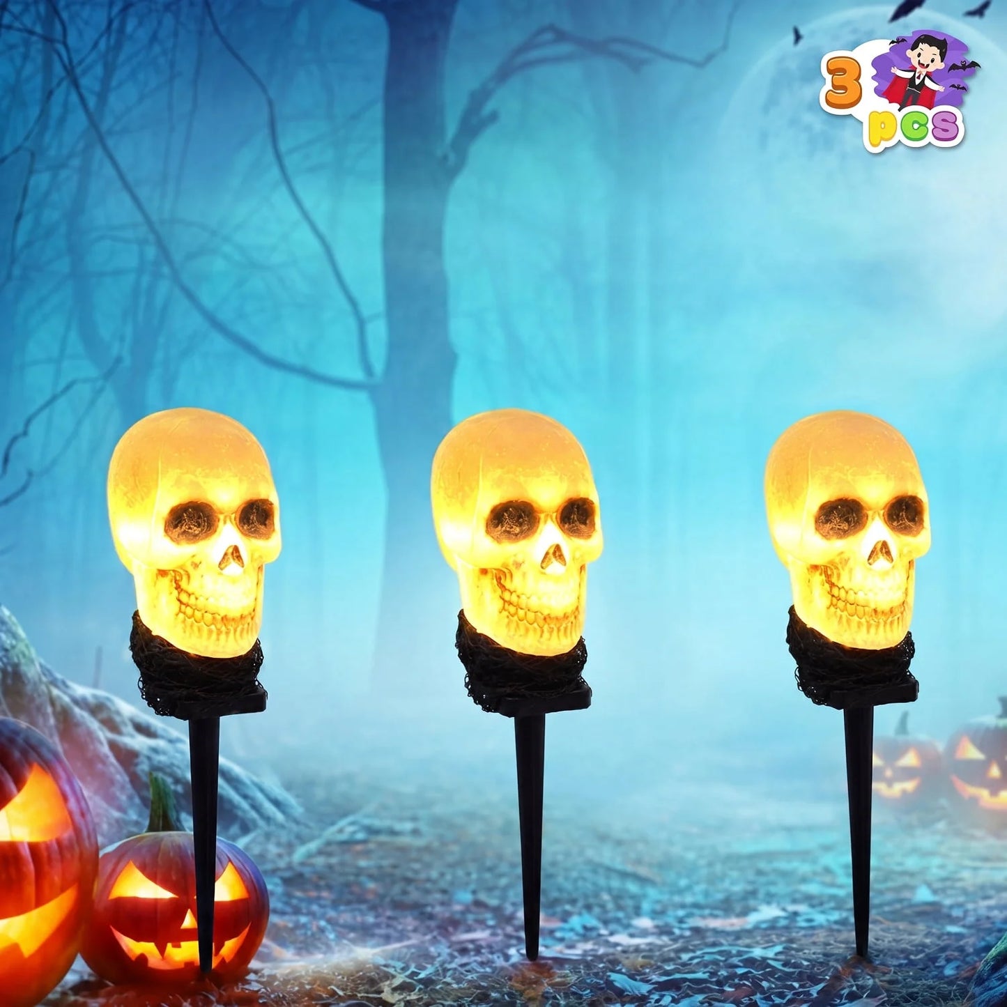 3 Pack Halloween Light up Skeleton Decorations Outdoor,Halloween Graveyard Spooky Skull Stakes Pathway Lights for Halloween Props Yard Decor