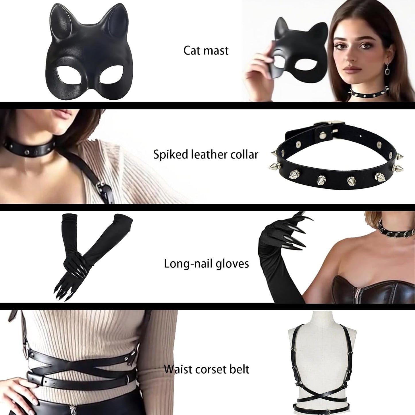 Cat Woman Costume Accessories for Women - Halloween Mask, Punk Gloves, Choker Outfit Set for Adult Cosplay Party