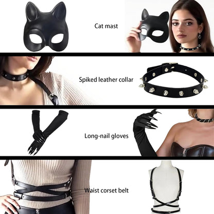 Cat Woman Costume Accessories for Women - Halloween Mask, Punk Gloves, Choker Outfit Set for Adult Cosplay Party