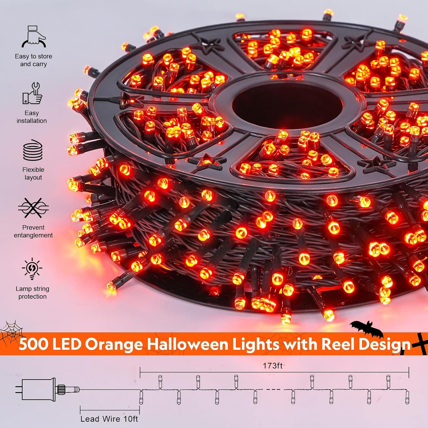 500 LED Orange Halloween Lights, 173Ft String Lights with Remote | Waterproof, 8 Modes, Indoor Outdoor Halloween Lights for Party House Tree Fireplace Thanksgiving Xmas Halloween Decorations