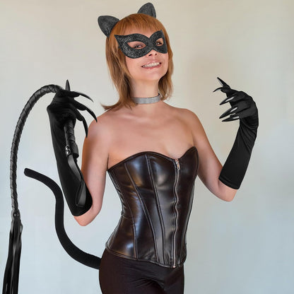 Spooktacular Halloween Cat Woman Costume Set: 4/6 Pcs with Mask, Faux Leather Gloves & Necklace! 🐾🎃✨