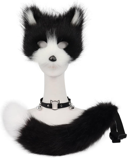 Get Ready for Halloween with Our Fluffy Faux Fur Fox Mask, Wolf Cat Tail, and Chic Leather Necklace Set! 🦊🎉✨