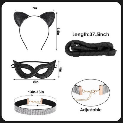 Spooktacular Halloween Cat Woman Costume Set: 4/6 Pcs with Mask, Faux Leather Gloves & Necklace! 🐾🎃✨