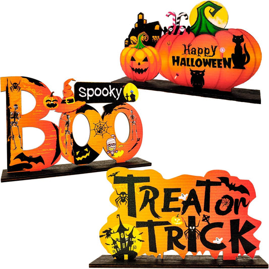 Happy Halloween Table Decorations 3PCS Halloween Pumpkin Centerpieces for Tables Wooden Trick or Treat/Boo Spooky Tabletop Signs for Halloween Party Indoor Tier Tray Room