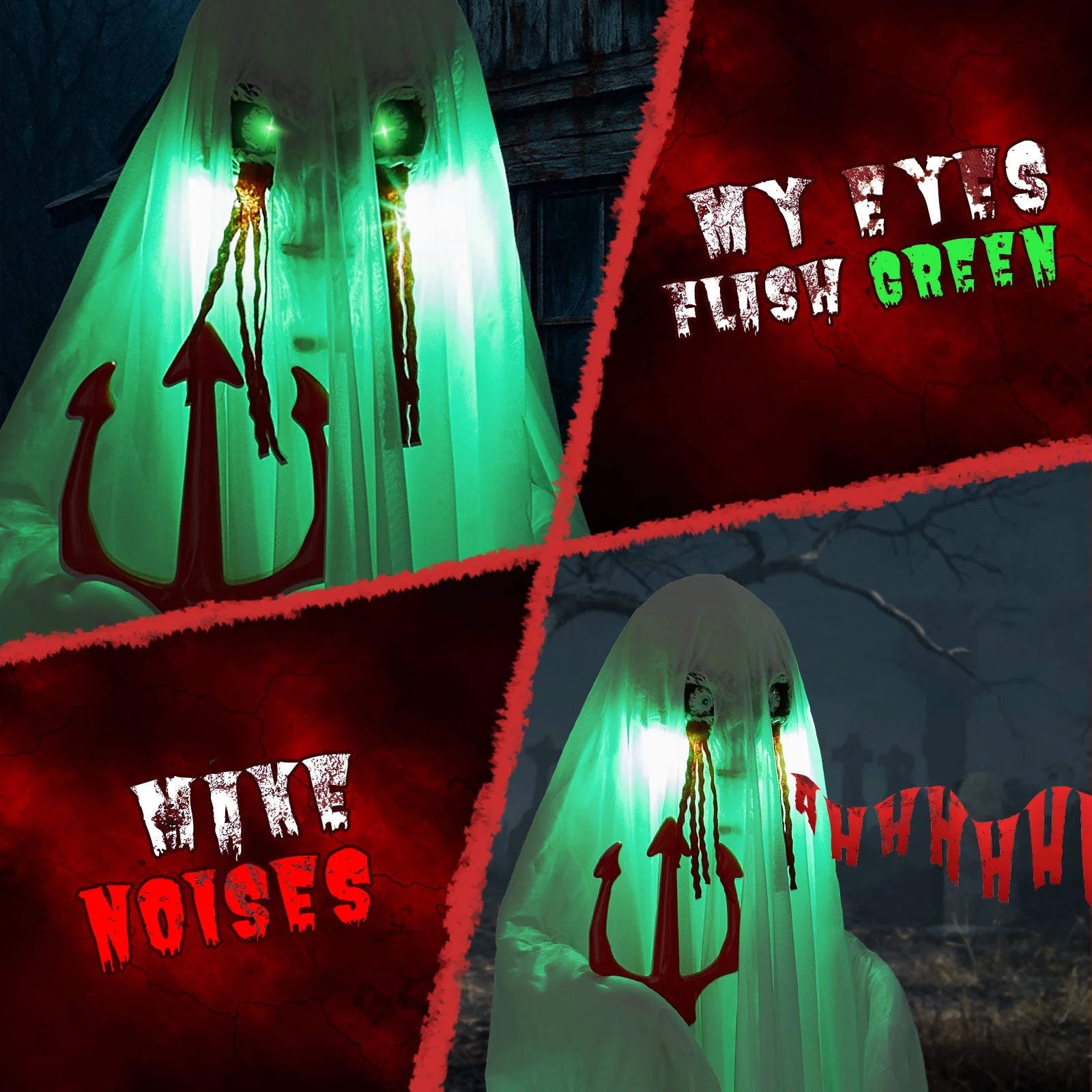 4.5' Hanging Ghost Animated Halloween Decoration Creepy Halloween Skeleton, Halloween Skeleton with Sound and Lights