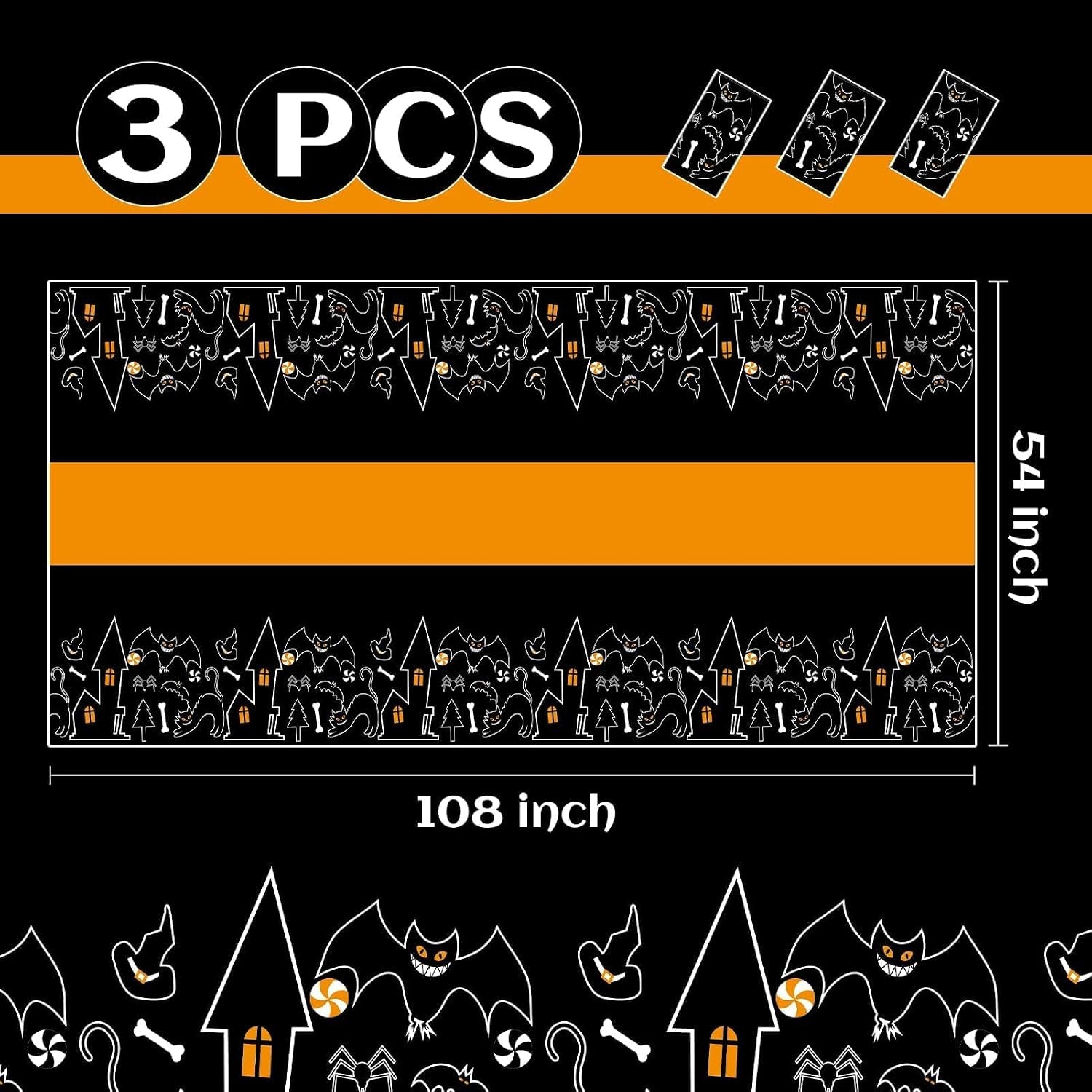 3 Pack Halloween Tablecloths Rectangle Table,Halloween Decorations | 54" X 108" Disposable Plastic Tablecloths,Plastic Table Cover for Halloween Party Decorations,Halloween Party Supplies Favors