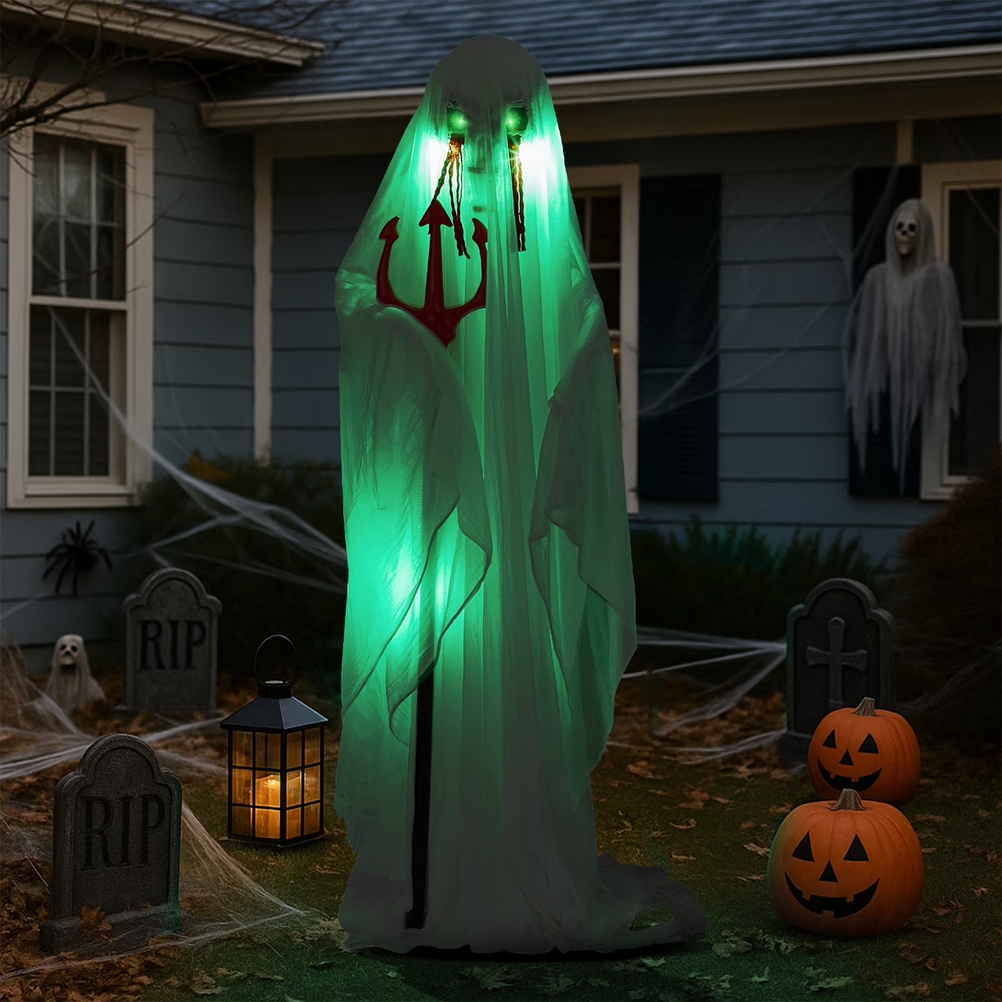 4.5' Hanging Ghost Animated Halloween Decoration Creepy Halloween Skeleton, Halloween Skeleton with Sound and Lights
