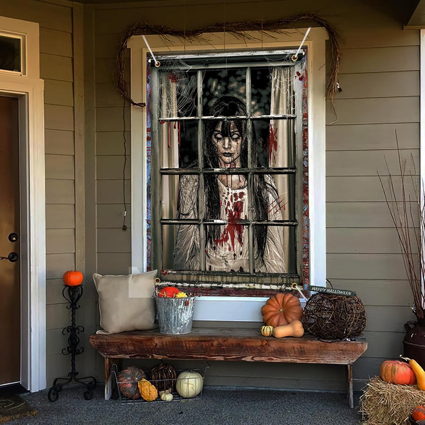 Halloween Ghost Curtains Decorations, Halloween Window Silhouettes Scary Screen- Little Girl Window Cover Decor for Indoor Wall Outdoor Party Decorations