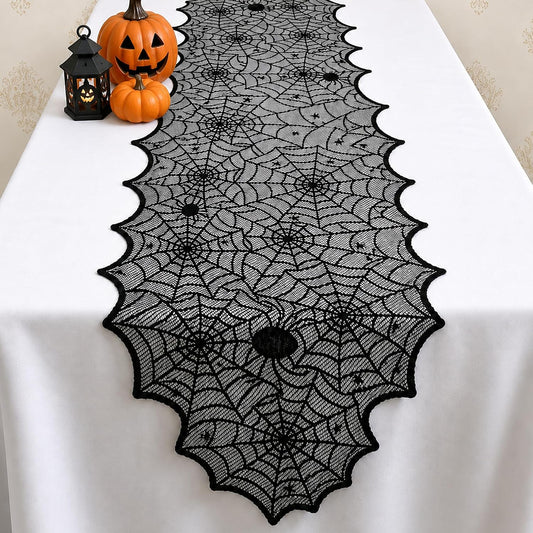 Halloween Decorations - Black Lace Spider Web Table Runner | Halloween Decor Party Favors Supplies for Indoor Outdoor - Halloween Table Centerpiece Decor for Home Office Dining Kitchen, 18 X 72 Inch