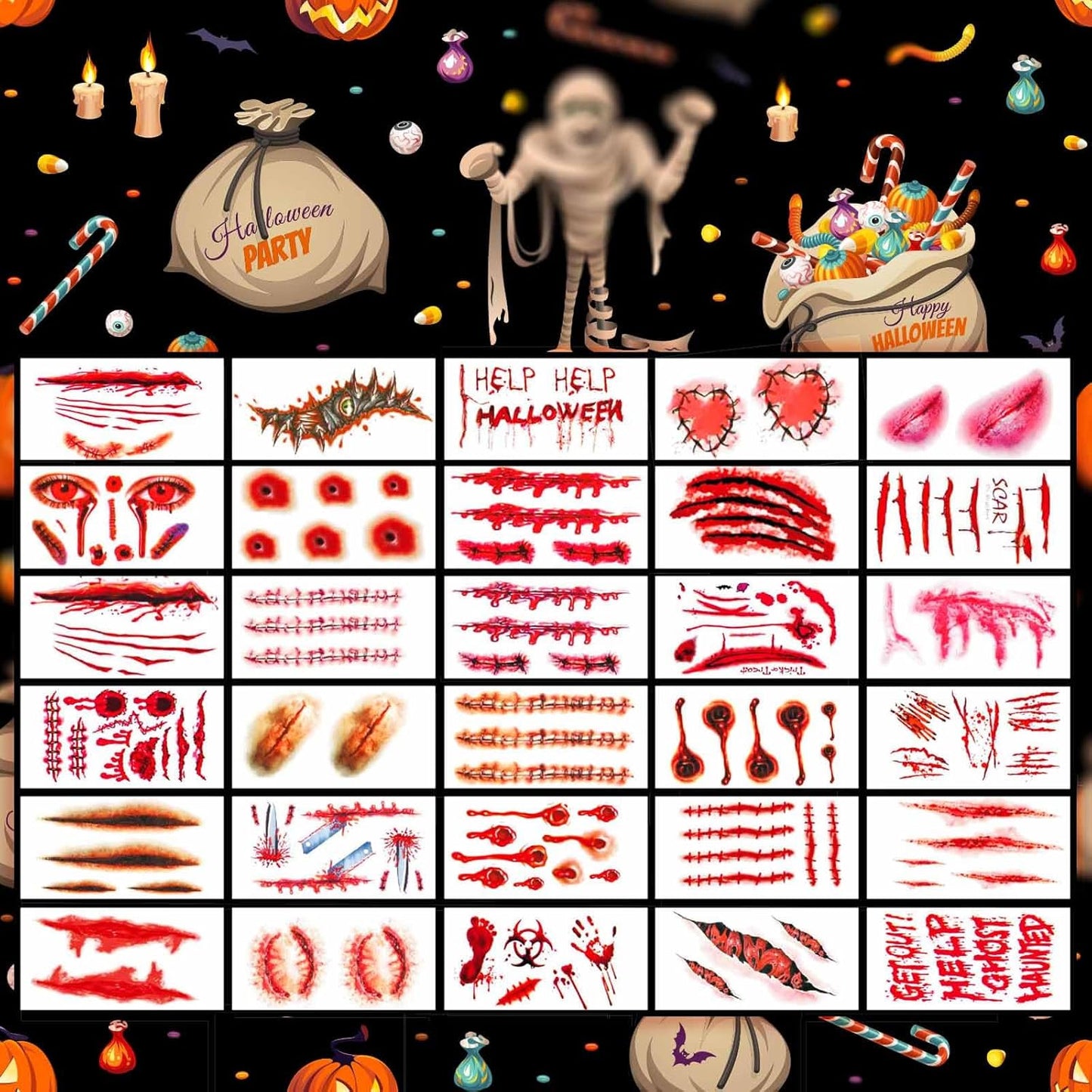 35 Sheets Large-Size Halloween Temporary Joker Tattoos, Halloween Fake Scar Tattoos, Halloween Fake Joker Tattoos Stickers - Perfect for Halloween, Parties, Cosplay and Costumes