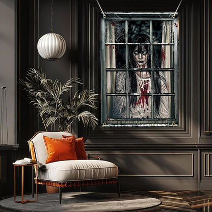 Halloween Ghost Curtains Decorations, Halloween Window Silhouettes Scary Screen- Little Girl Window Cover Decor for Indoor Wall Outdoor Party Decorations