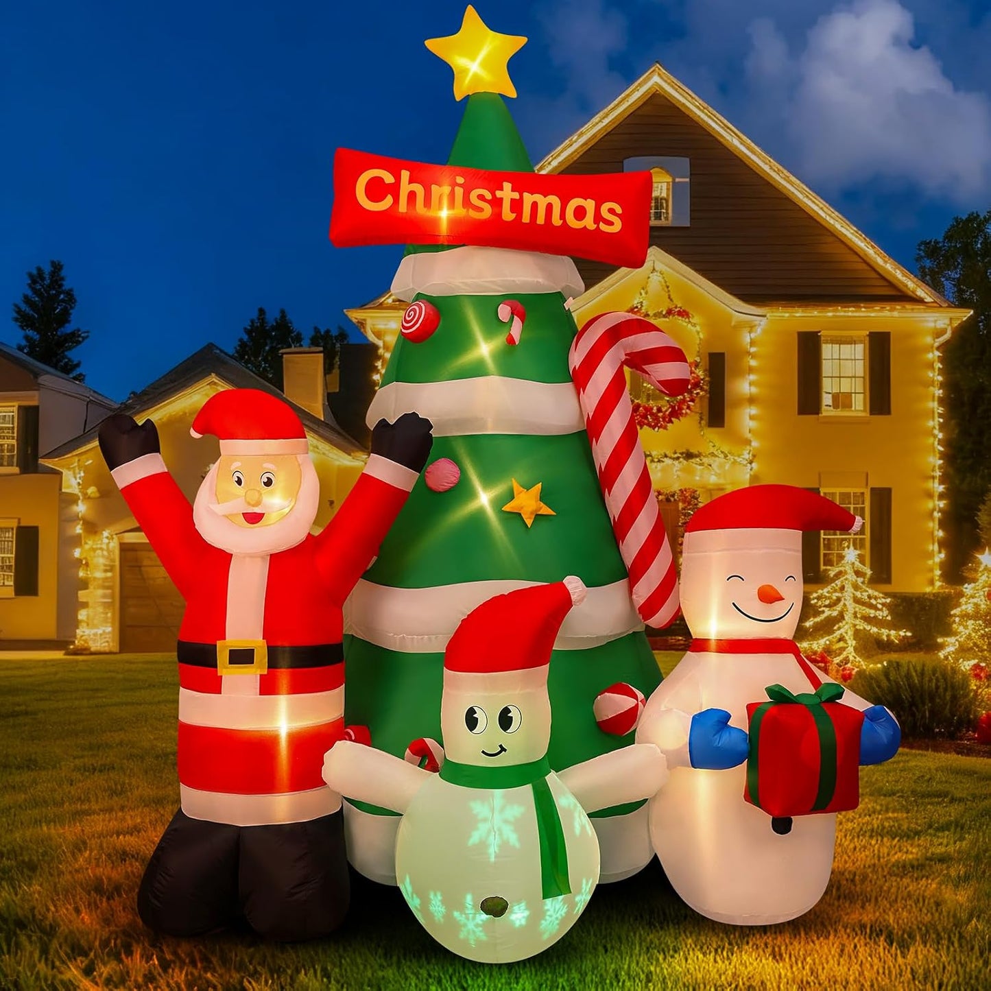 9Ft Christmas Inflatables Tree Decorations with Santa Snowman | Built-In LED Lights Blow up Christmas Tree Outdoor Decoration for Christmas Party Holiday Outdoor Garden Lawn Yard Decor