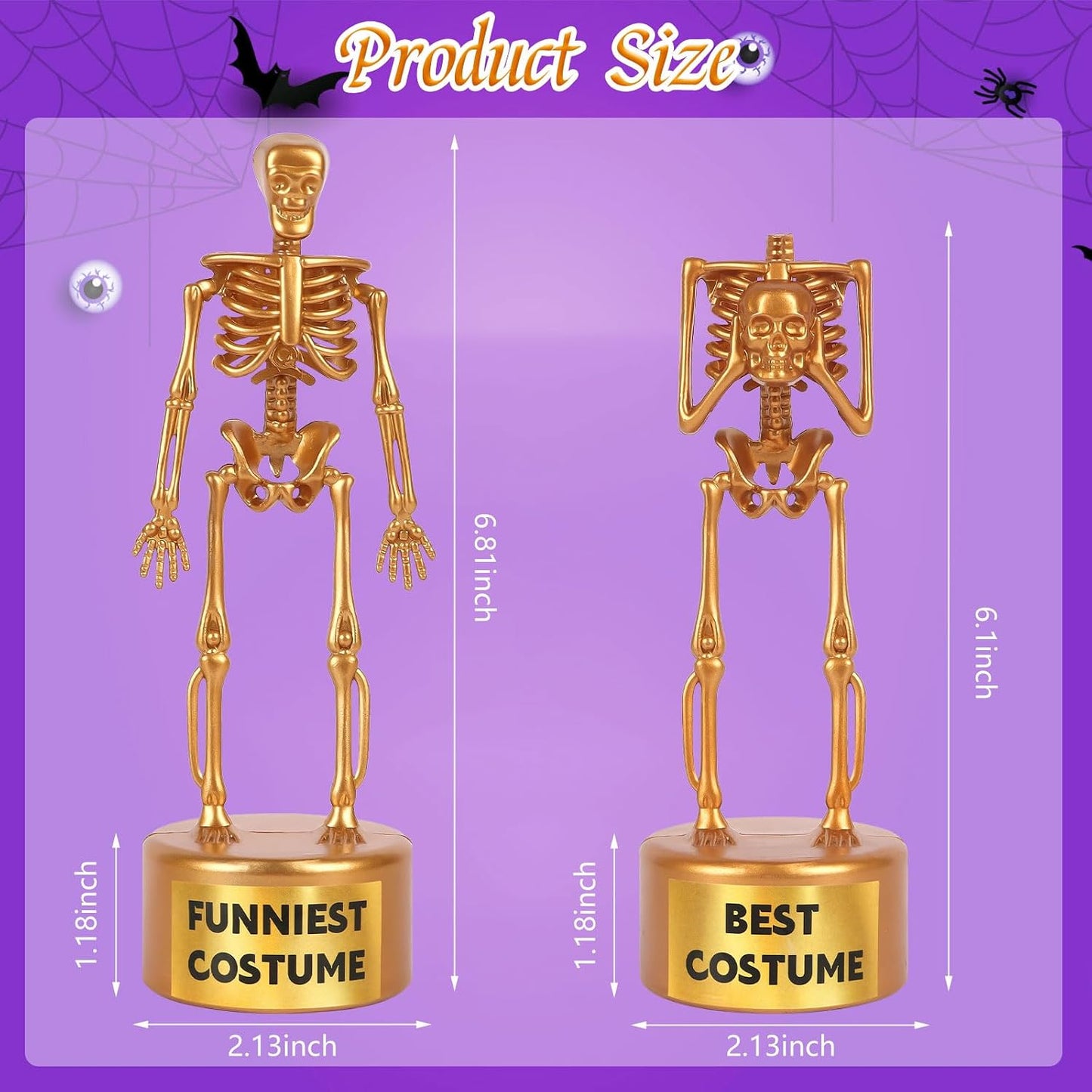 6 Pack Halloween Best Costume Skeleton Trophy, Halloween Skull Party Prizes Gold Bones Game Awards Costume Contest Event Trophy for Kids Goodie Bag Fillers School Classroom Rewards Treats