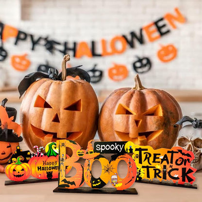 Happy Halloween Table Decorations 3PCS Halloween Pumpkin Centerpieces for Tables Wooden Trick or Treat/Boo Spooky Tabletop Signs for Halloween Party Indoor Tier Tray Room