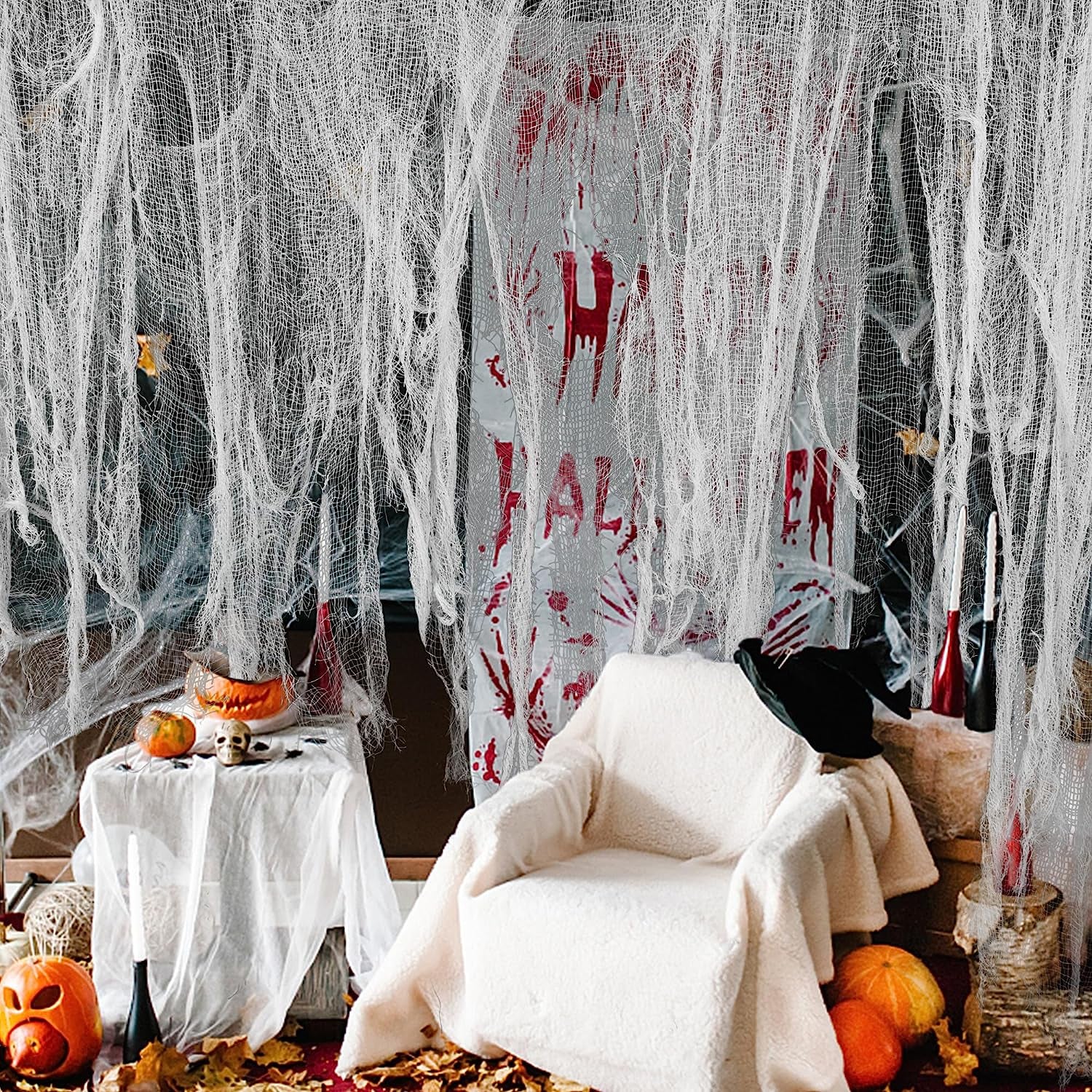 200" X 59" Halloween Spooky Cloth - Creepy Spooky Halloween Decorations - Large Size Scary Creepy Gauze for Halloween Party Supplies Stairway Window Table Doorways Decor