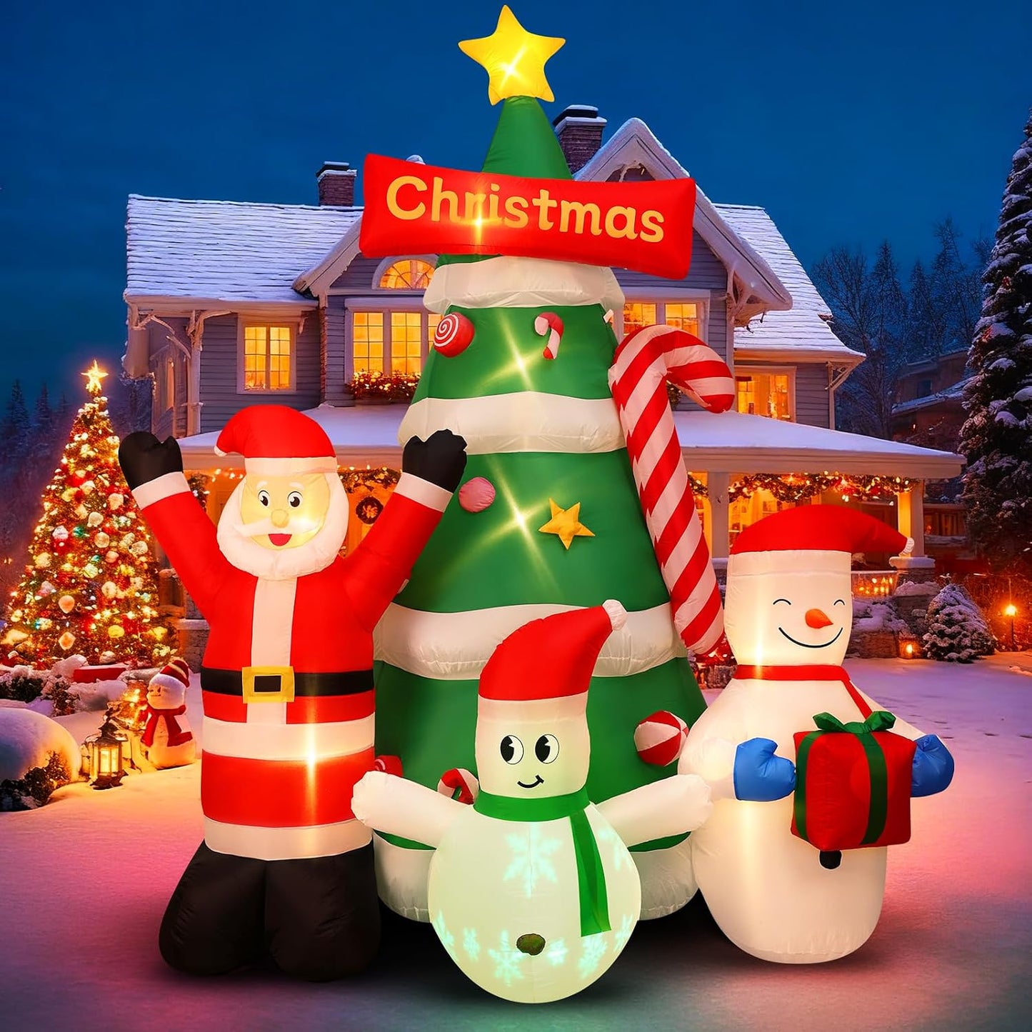9Ft Christmas Inflatables Tree Decorations with Santa Snowman | Built-In LED Lights Blow up Christmas Tree Outdoor Decoration for Christmas Party Holiday Outdoor Garden Lawn Yard Decor