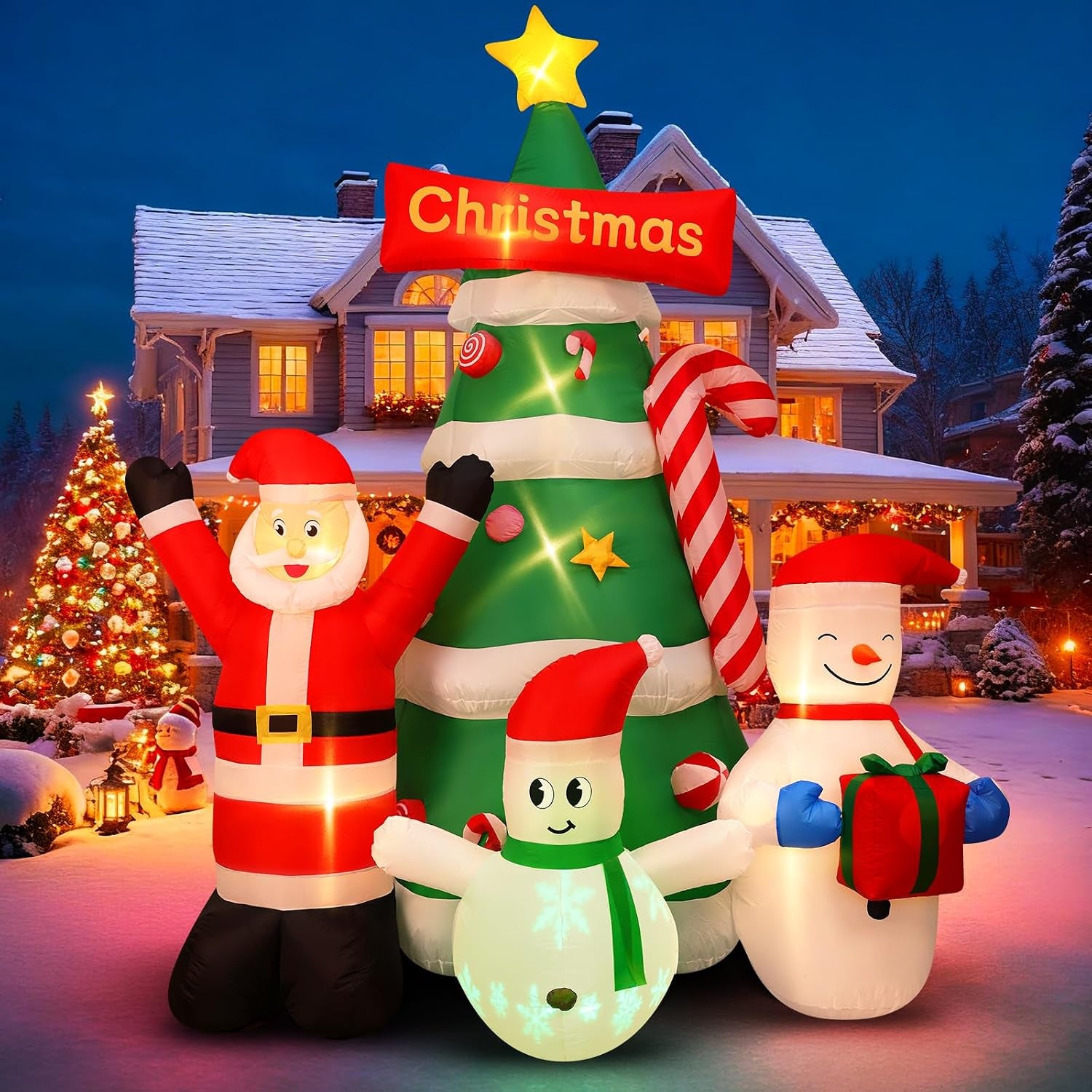 9Ft Christmas Inflatables Tree Decorations with Santa Snowman | Built-In LED Lights Blow up Christmas Tree Outdoor Decoration for Christmas Party Holiday Outdoor Garden Lawn Yard Decor