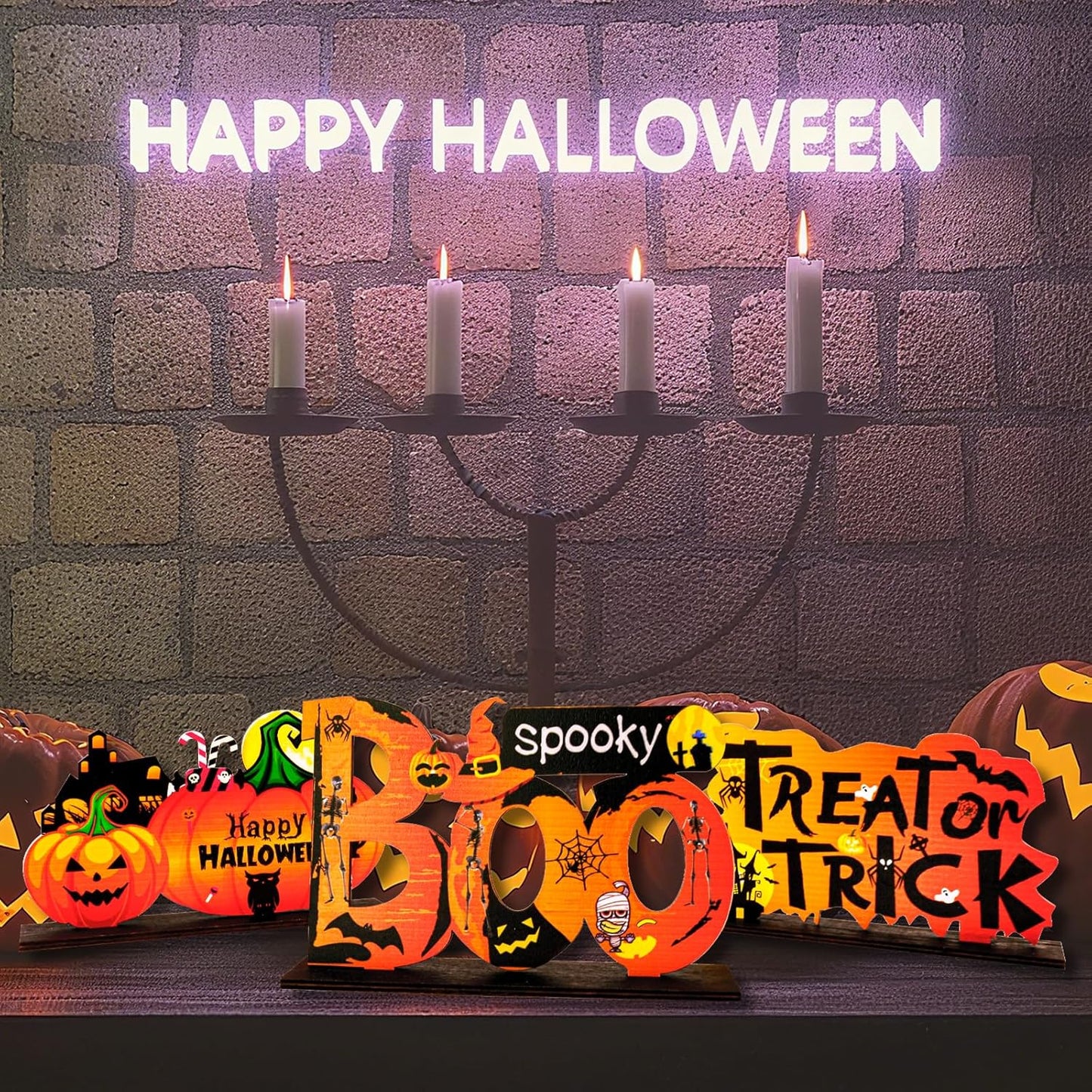 Happy Halloween Table Decorations 3PCS Halloween Pumpkin Centerpieces for Tables Wooden Trick or Treat/Boo Spooky Tabletop Signs for Halloween Party Indoor Tier Tray Room