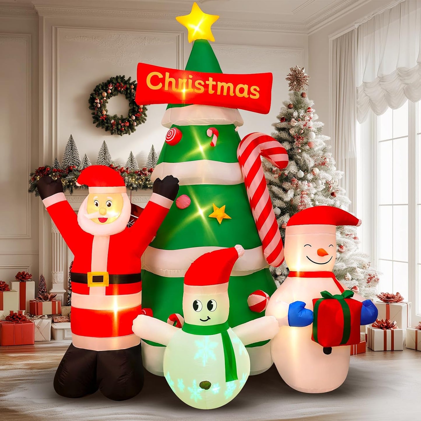 9Ft Christmas Inflatables Tree Decorations with Santa Snowman | Built-In LED Lights Blow up Christmas Tree Outdoor Decoration for Christmas Party Holiday Outdoor Garden Lawn Yard Decor