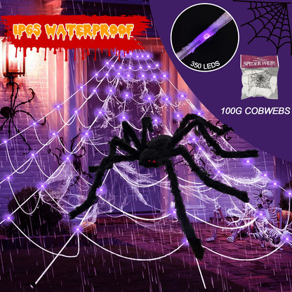 Halloween Decorations Outdoor, 350 LED Halloween Spider Web Lights with 79" Giant Spider for Home Garden Yard Decor