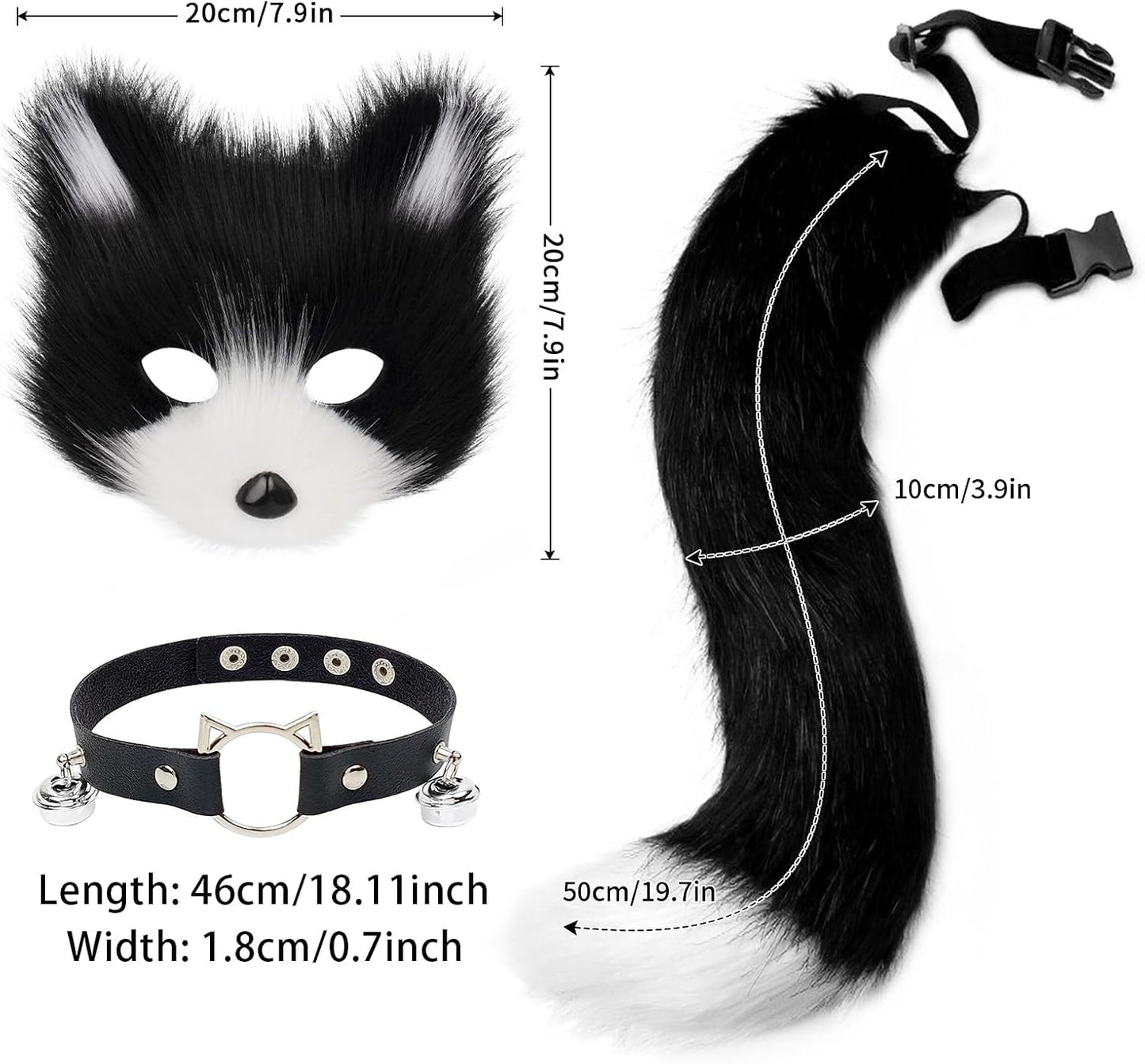 Get Ready for Halloween with Our Fluffy Faux Fur Fox Mask, Wolf Cat Tail, and Chic Leather Necklace Set! 🦊🎉✨