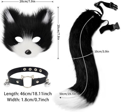 Get Ready for Halloween with Our Fluffy Faux Fur Fox Mask, Wolf Cat Tail, and Chic Leather Necklace Set! 🦊🎉✨