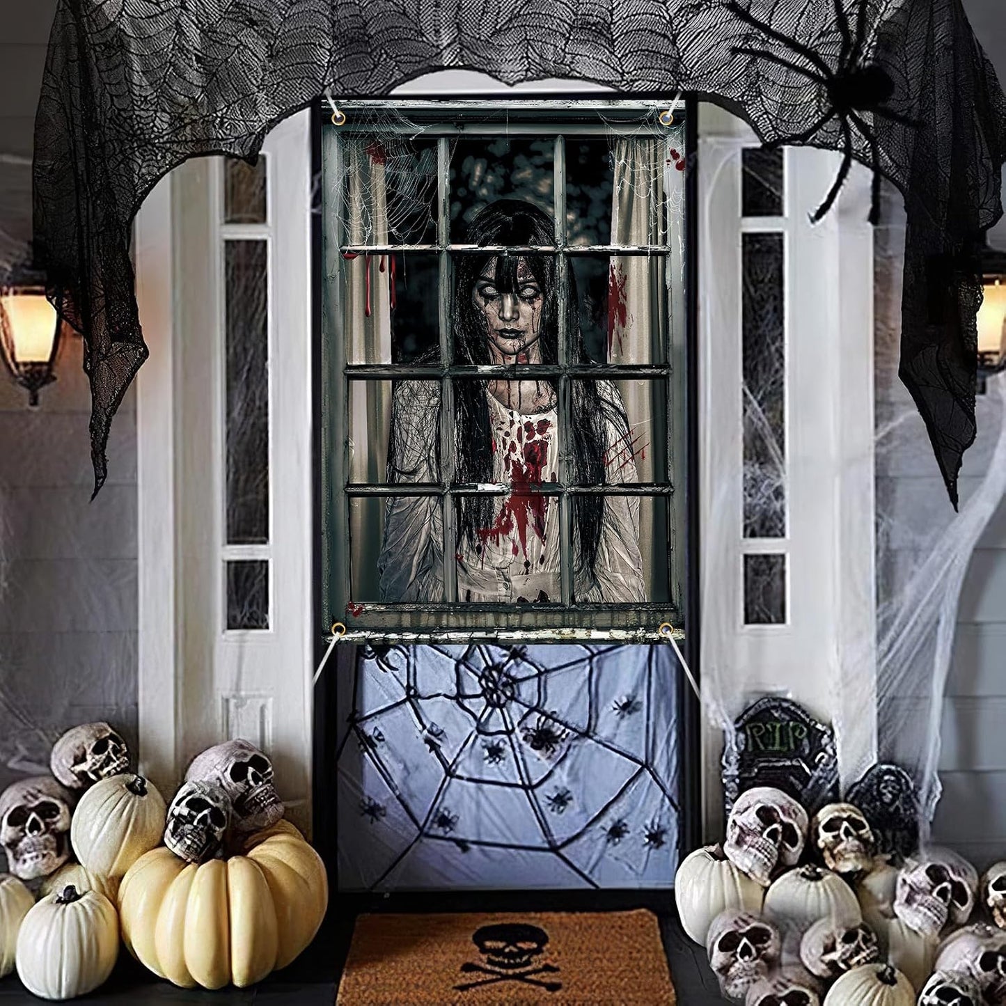 Halloween Ghost Curtains Decorations, Halloween Window Silhouettes Scary Screen- Little Girl Window Cover Decor for Indoor Wall Outdoor Party Decorations