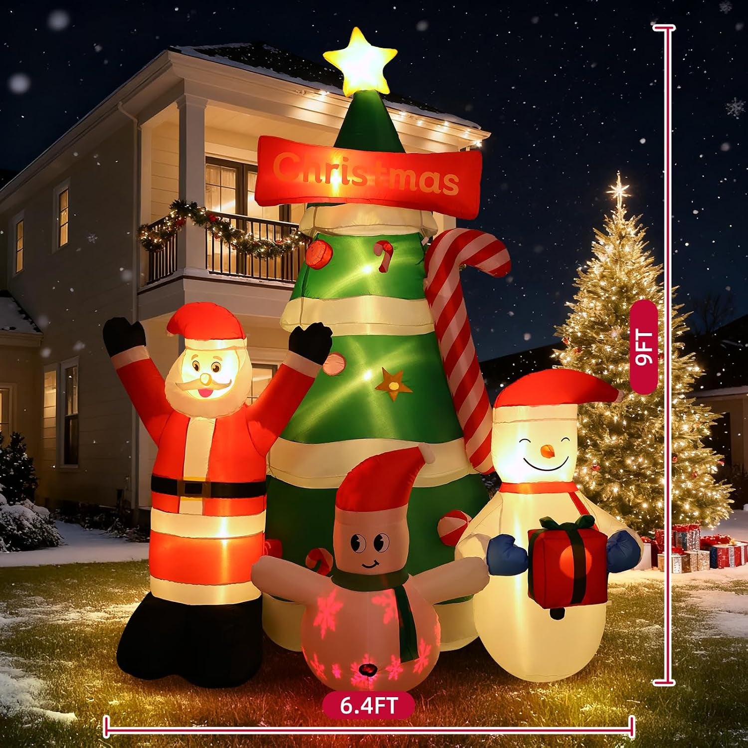 9Ft Christmas Inflatables Tree Decorations with Santa Snowman | Built-In LED Lights Blow up Christmas Tree Outdoor Decoration for Christmas Party Holiday Outdoor Garden Lawn Yard Decor