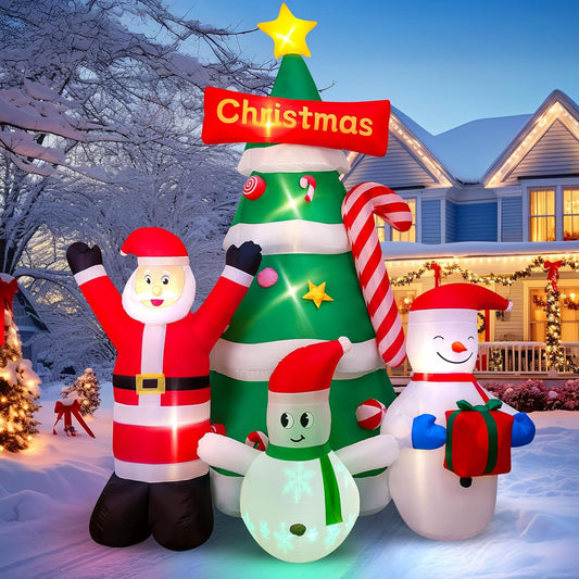 9Ft Christmas Inflatables Tree Decorations with Santa Snowman | Built-In LED Lights Blow up Christmas Tree Outdoor Decoration for Christmas Party Holiday Outdoor Garden Lawn Yard Decor